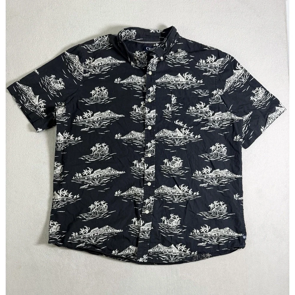 Chaps 100% Cotton Tropical Shirt Mens XL Black Island Print Hawaiian - Picture 2 of 16